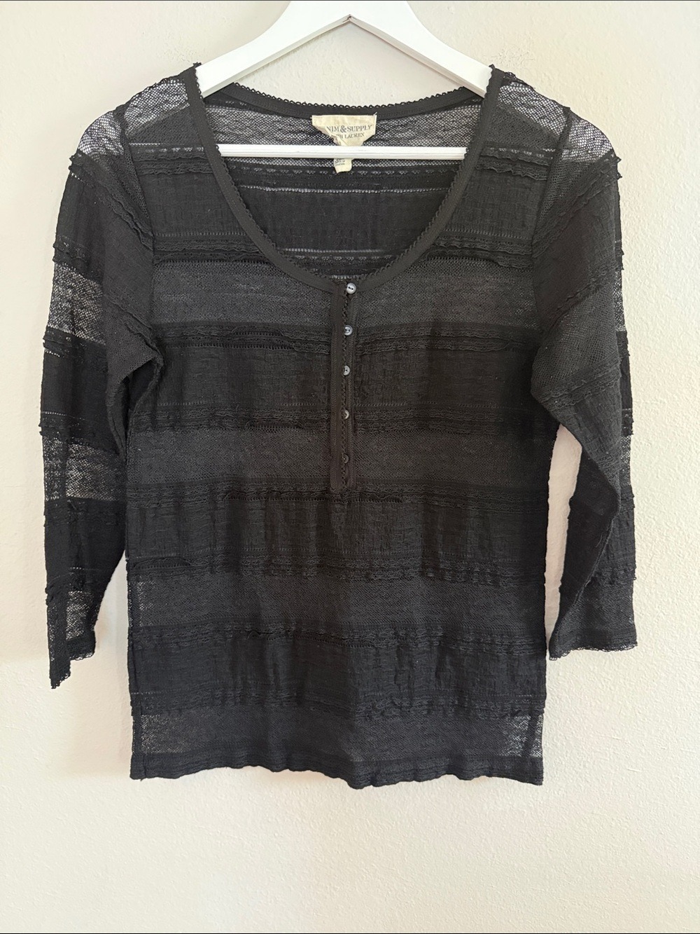 Denim & Supply Ralph Lauren Black Sheer Henley Knit Top [PH0877]